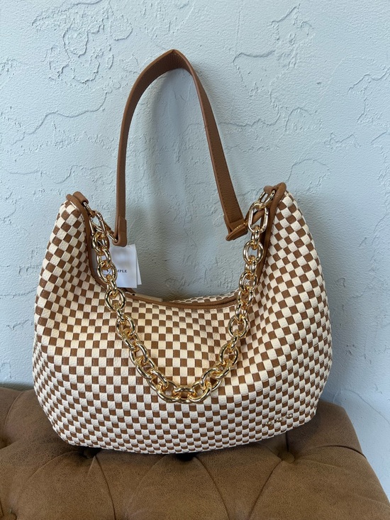 Pretty Simple Handbags - Checker Weave Hobo Bag in Brown and Cream with Gold Chain